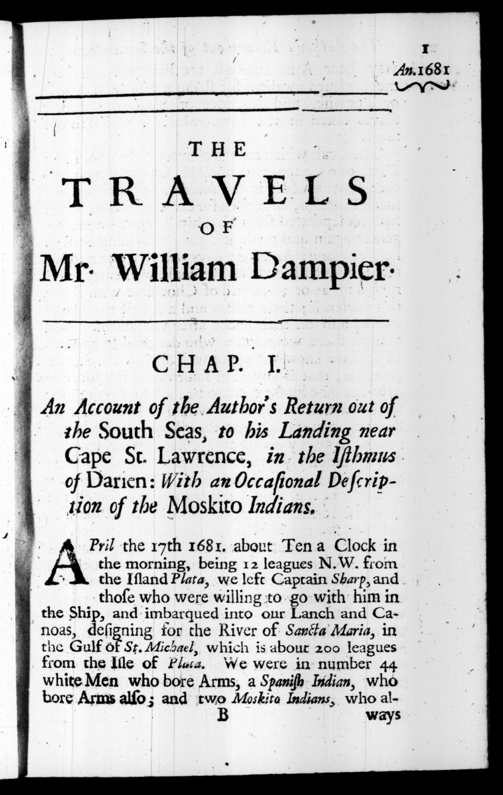Page 1 screenshot of the book A New Voyage Round the World by William Dampier (1697 Edition).