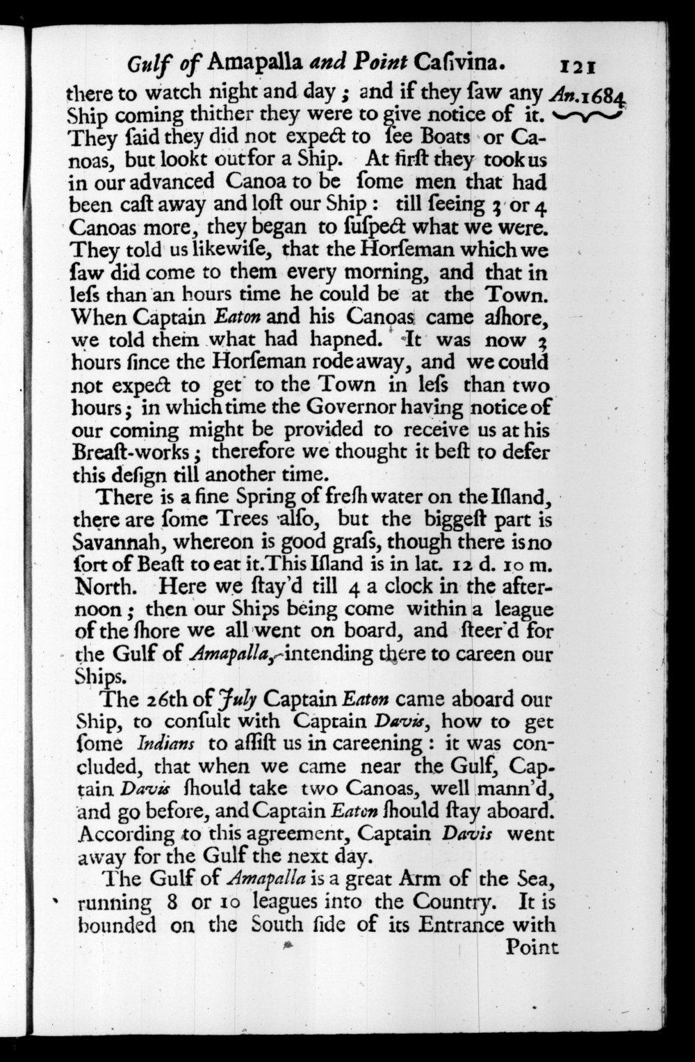 Page 121 screenshot of the book A New Voyage Round the World by William Dampier (1697 Edition).
