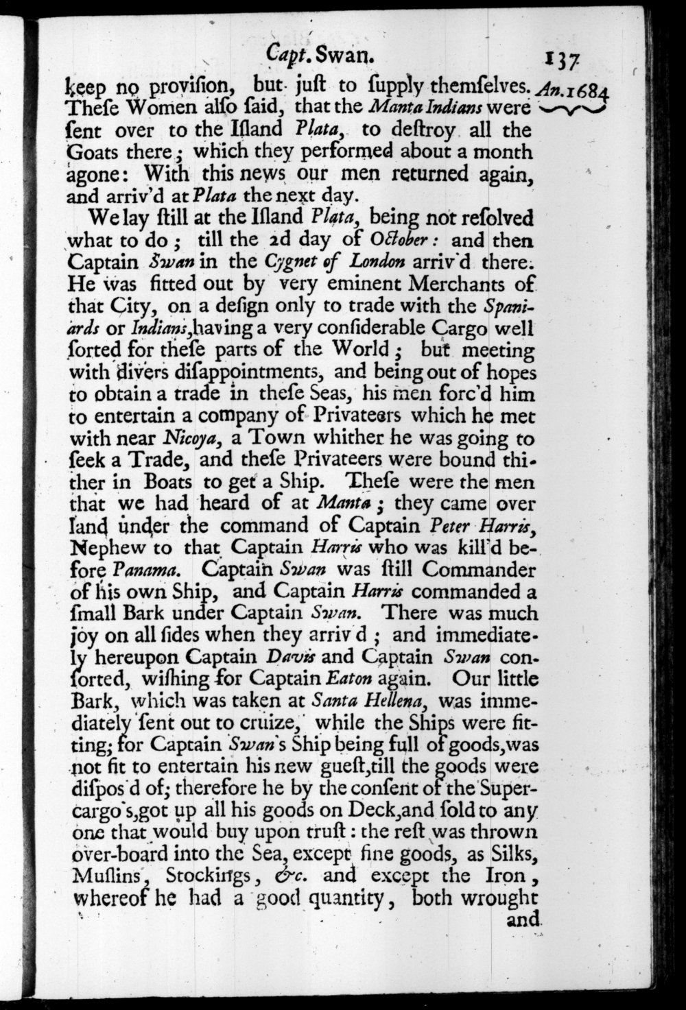 Page 137 screenshot of the book A New Voyage Round the World by William Dampier (1697 Edition).
