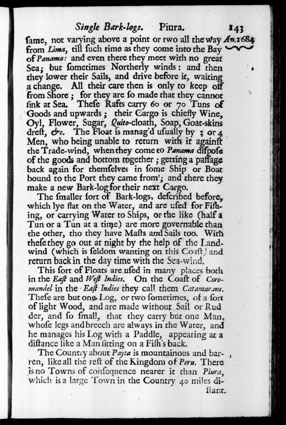 Page 143 screenshot of the book A New Voyage Round the World by William Dampier (1697 Edition).