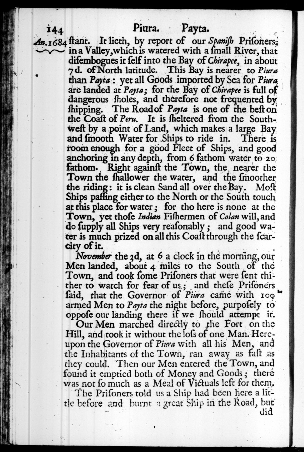 Page 144 screenshot of the book A New Voyage Round the World by William Dampier (1697 Edition).