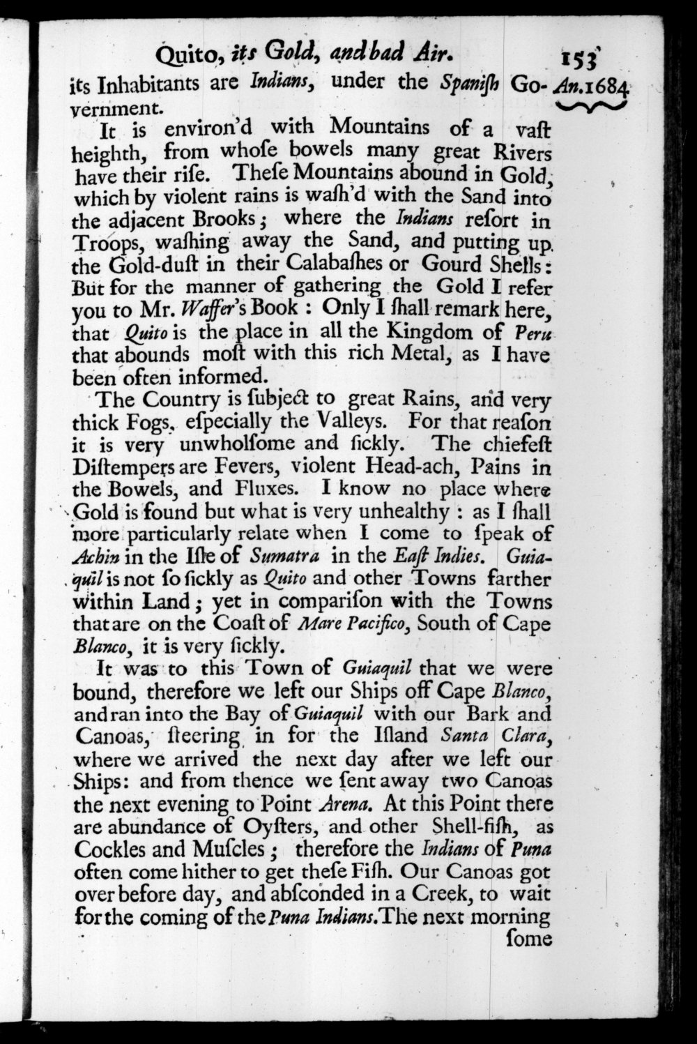 Page 153 screenshot of the book A New Voyage Round the World by William Dampier (1697 Edition).