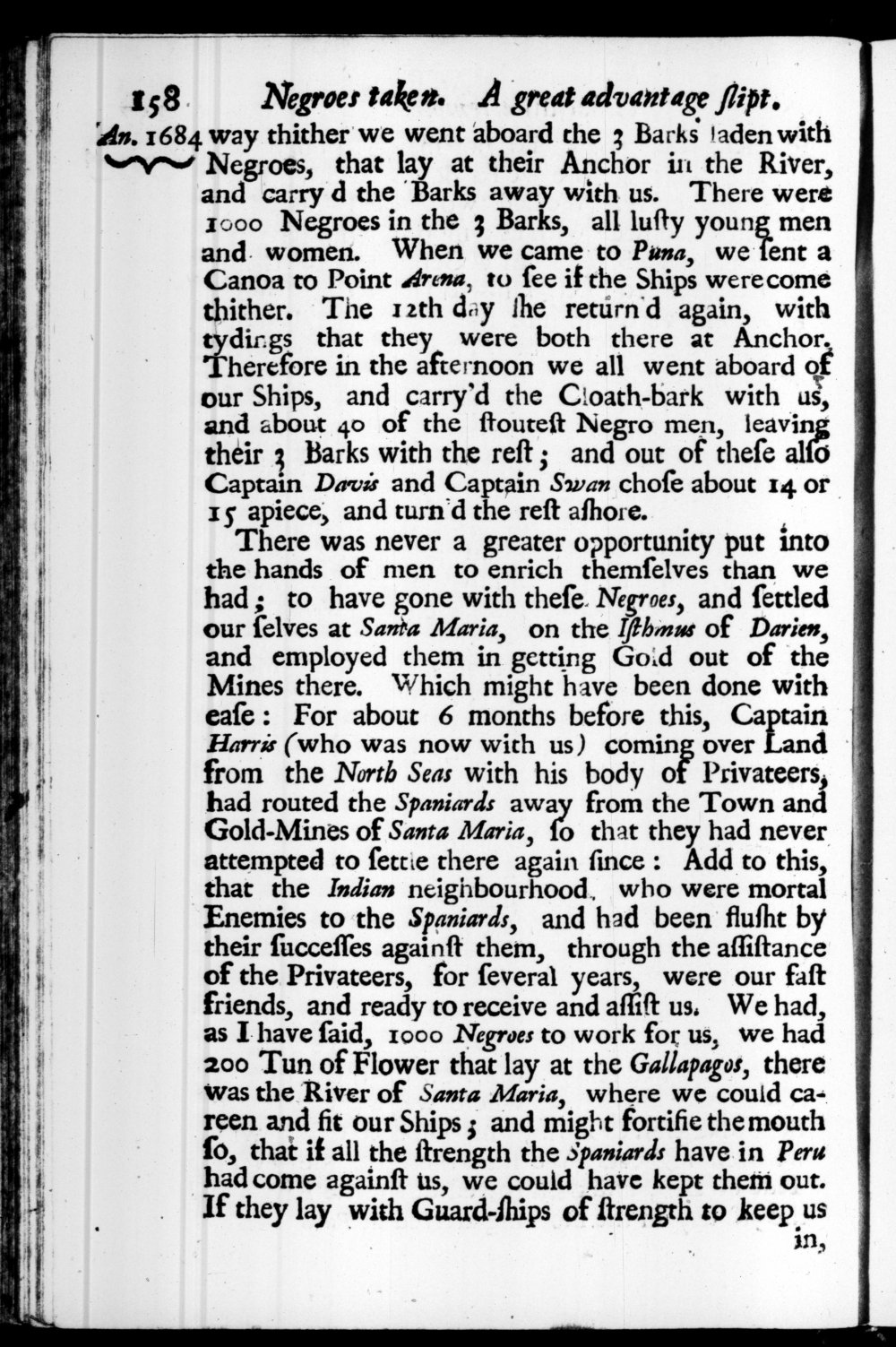 Page 158 screenshot of the book A New Voyage Round the World by William Dampier (1697 Edition).