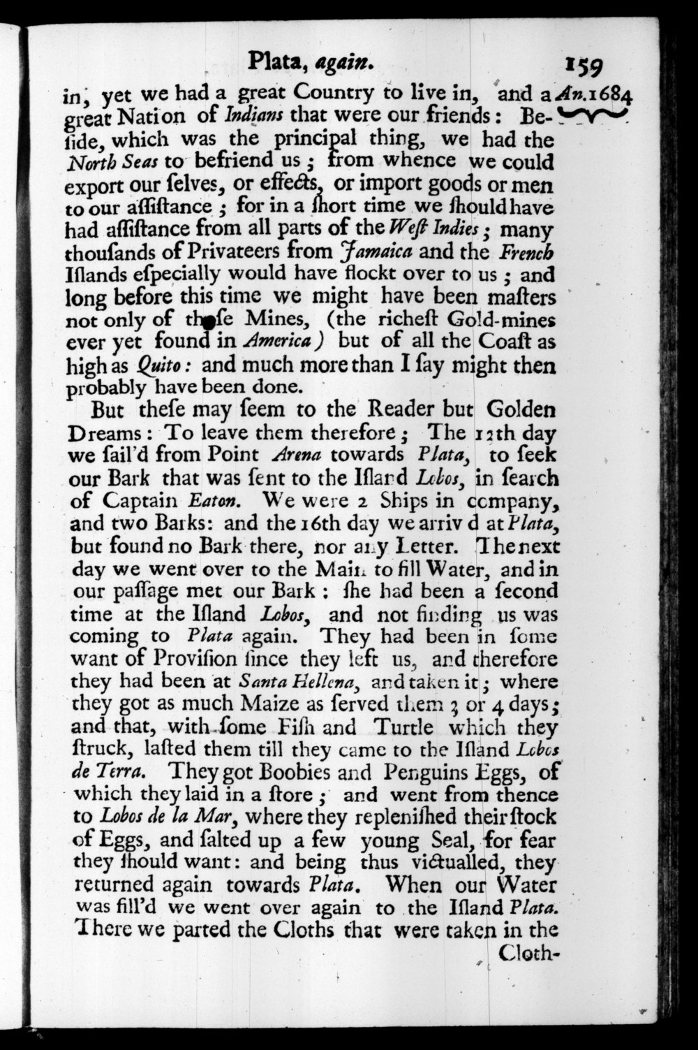 Page 159 screenshot of the book A New Voyage Round the World by William Dampier (1697 Edition).
