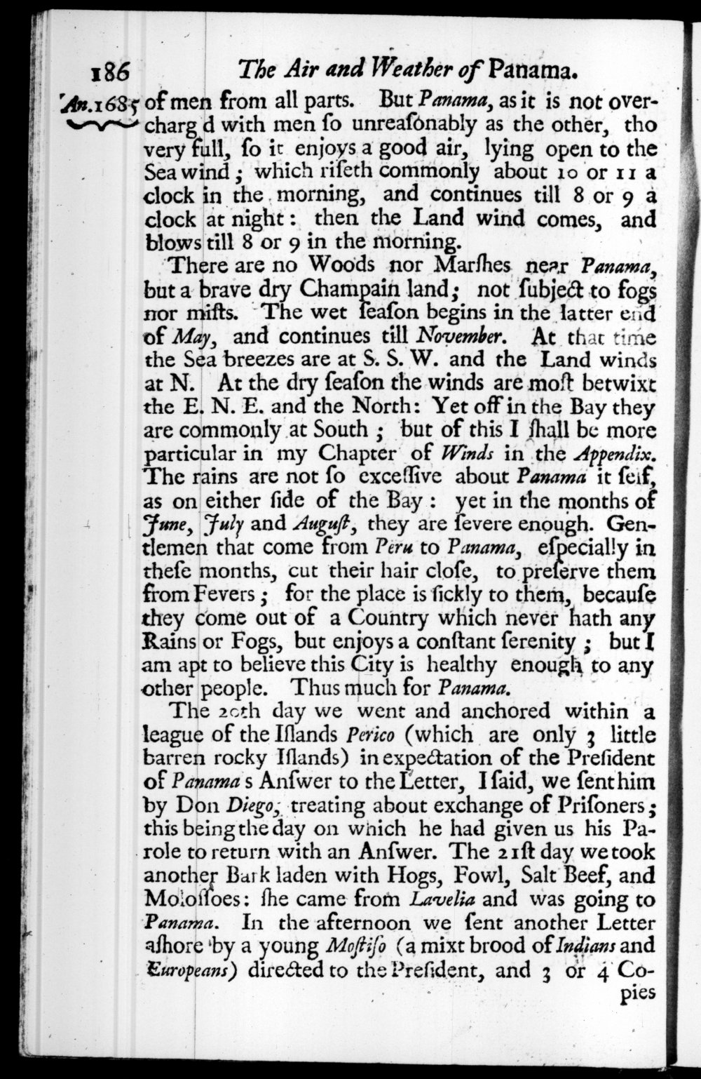 Page 186 screenshot of the book A New Voyage Round the World by William Dampier (1697 Edition).