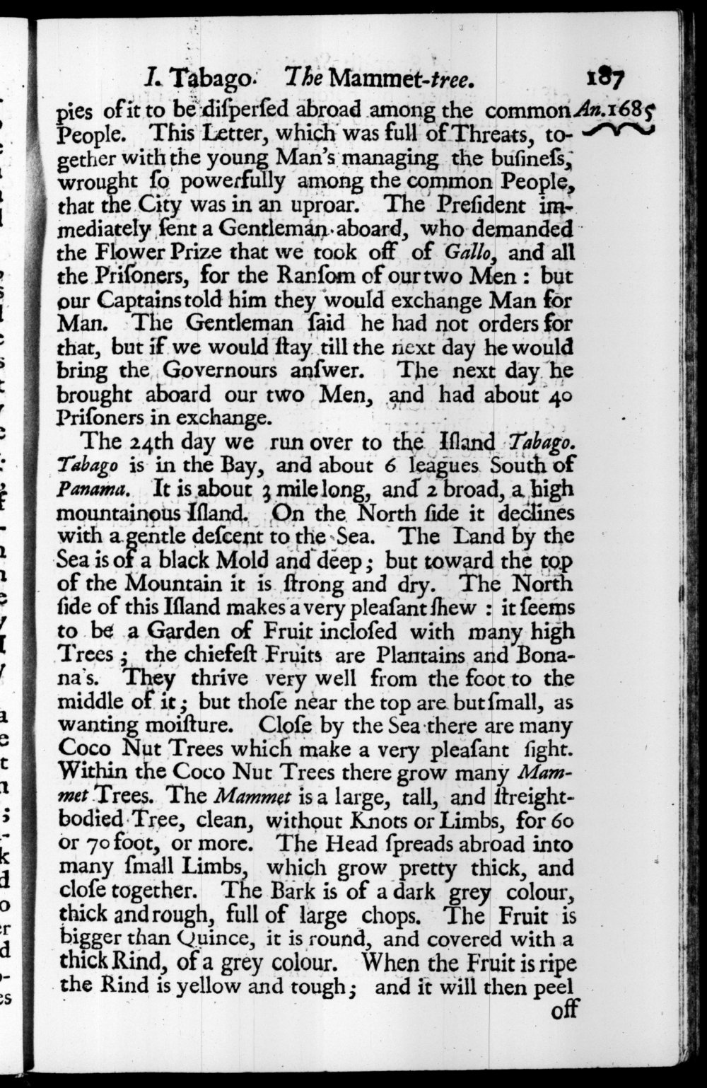 Page 187 screenshot of the book A New Voyage Round the World by William Dampier (1697 Edition).