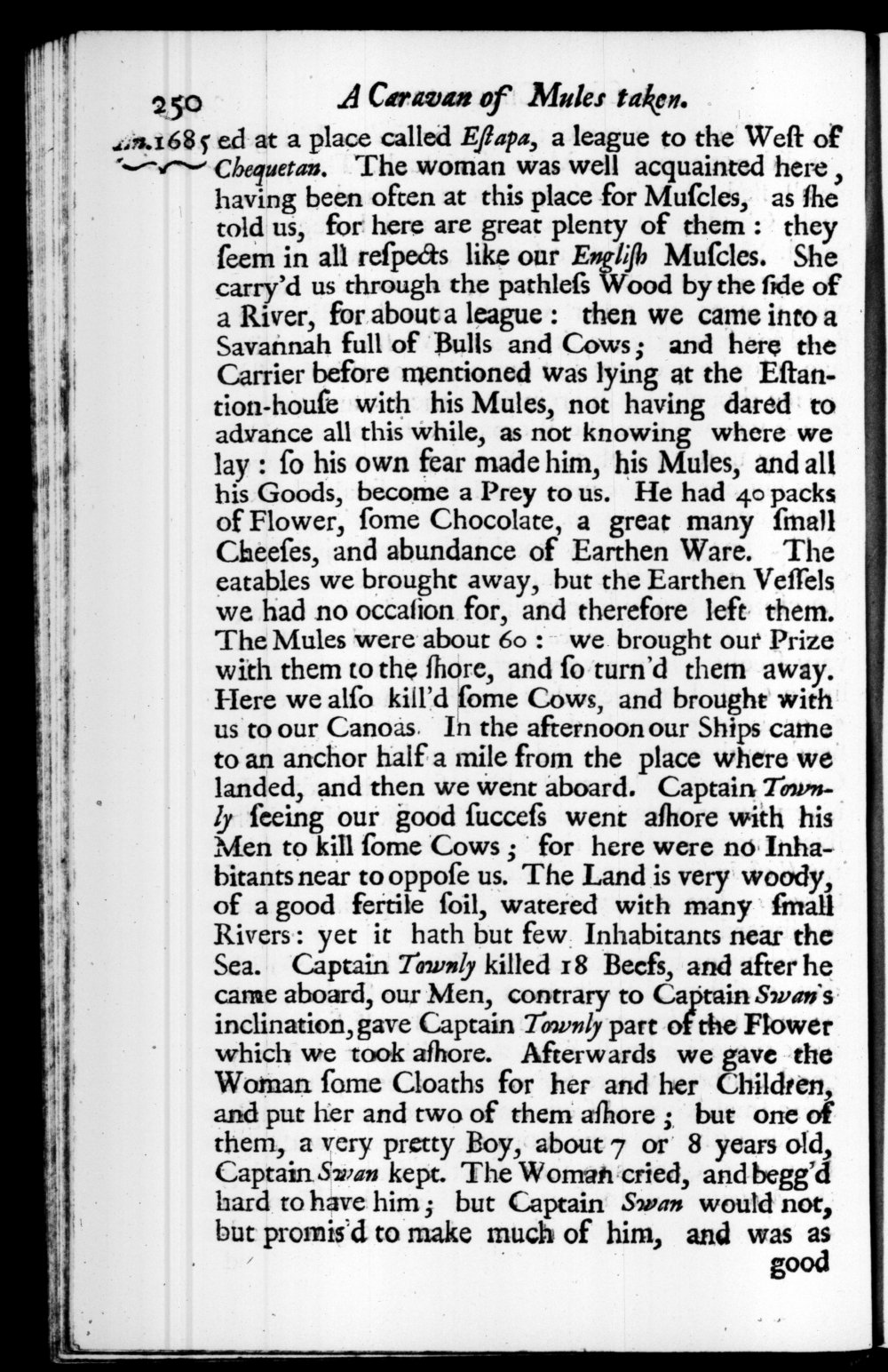 Page 250 screenshot of the book A New Voyage Round the World by William Dampier (1697 Edition).
