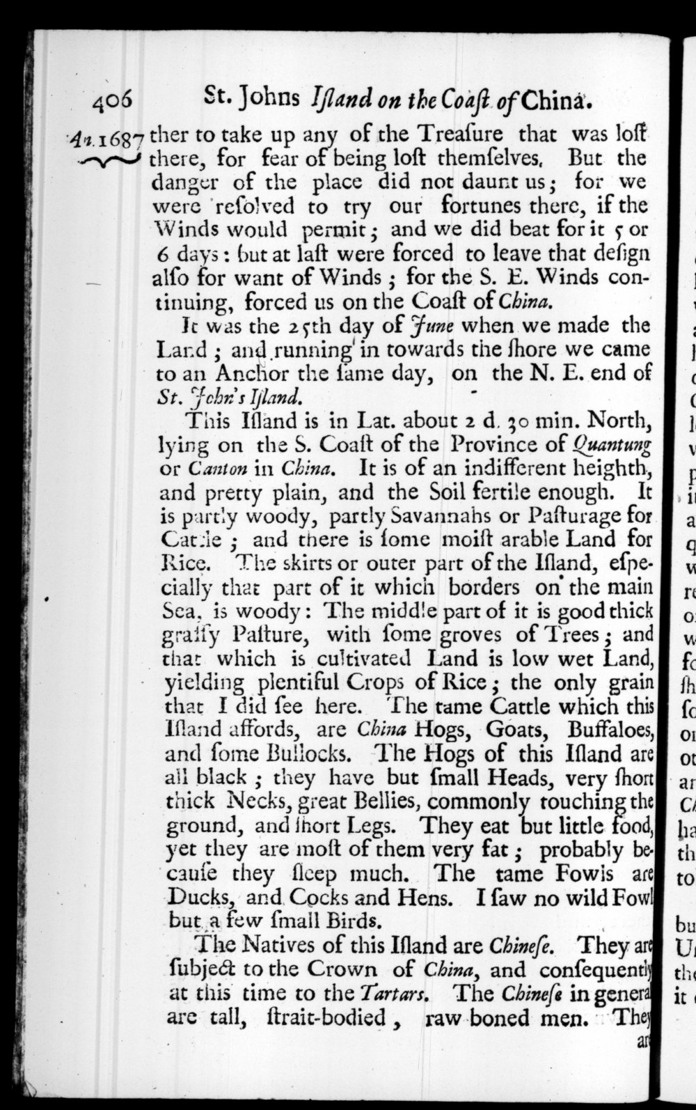 Page 406 screenshot of the book A New Voyage Round the World by William Dampier (1697 Edition).