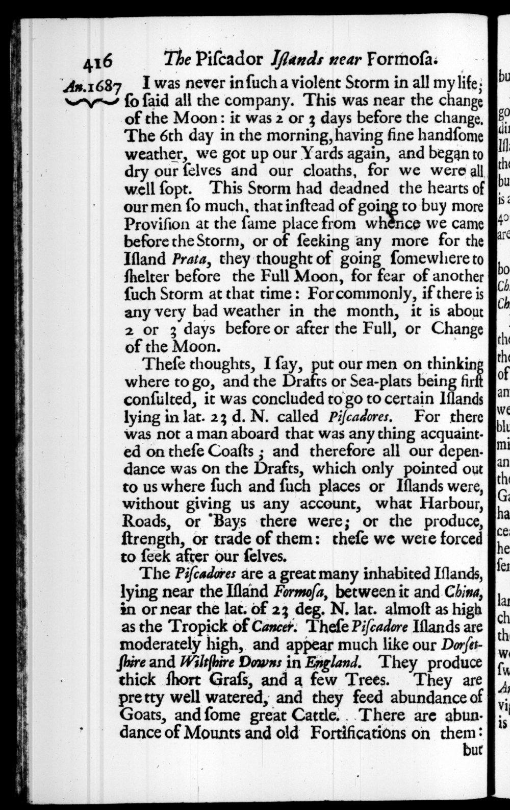 Page 416 screenshot of the book A New Voyage Round the World by William Dampier (1697 Edition).