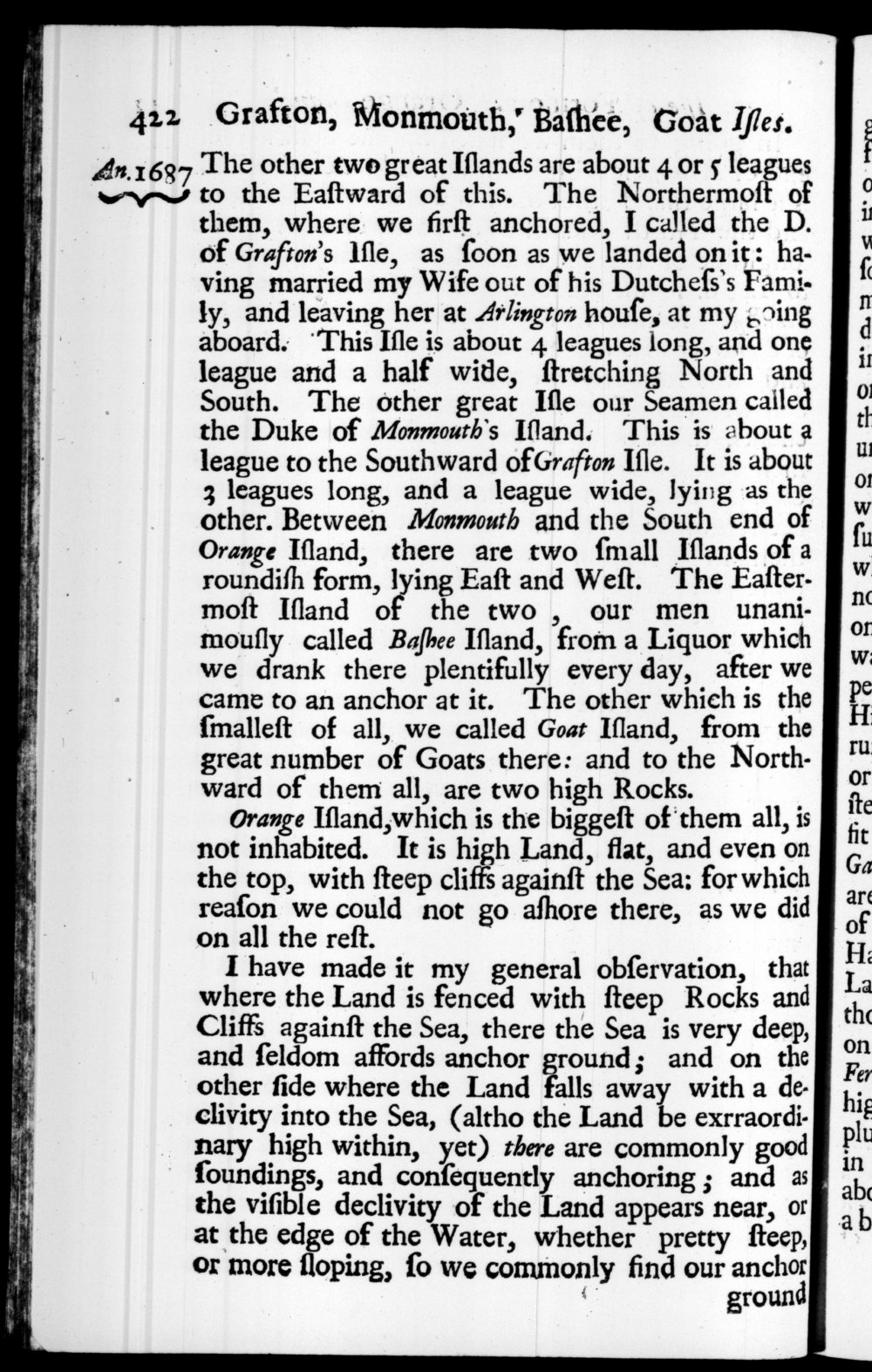 Page 422 screenshot of the book A New Voyage Round the World by William Dampier (1697 Edition).