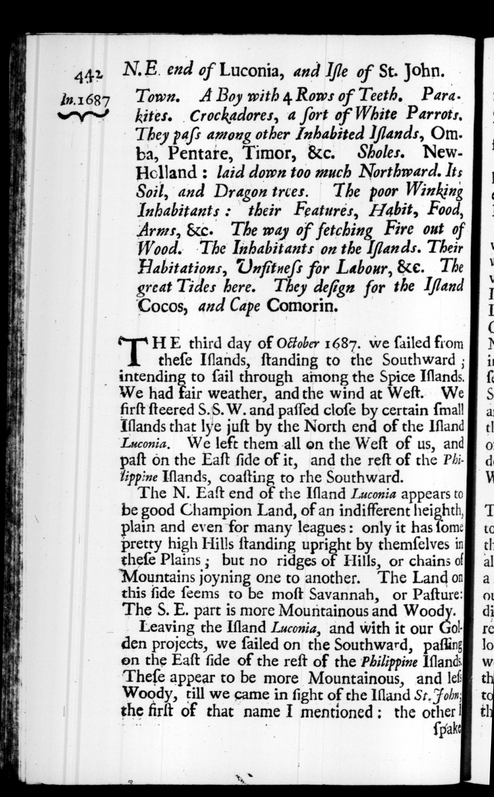 Page 442 screenshot of the book A New Voyage Round the World by William Dampier (1697 Edition).