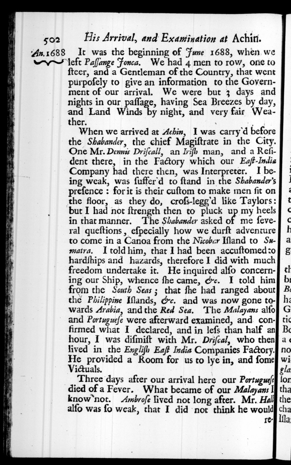 Page 502 screenshot of the book A New Voyage Round the World by William Dampier (1697 Edition).