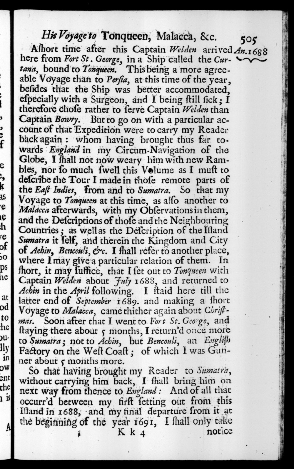Page 505 screenshot of the book A New Voyage Round the World by William Dampier (1697 Edition).