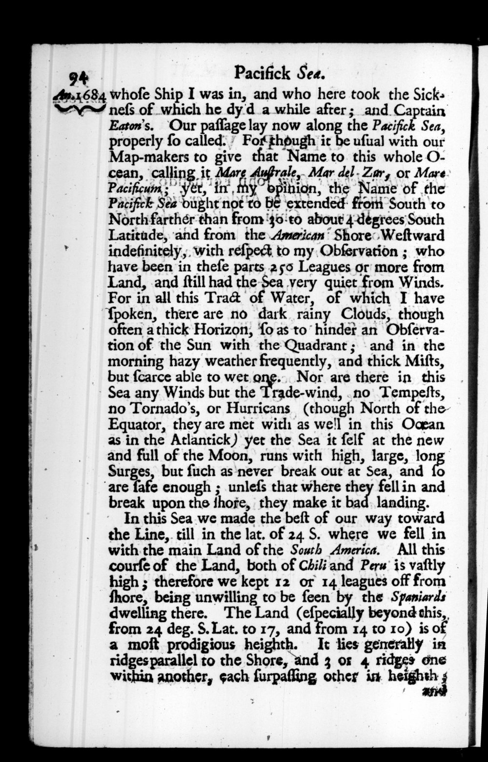 Page 94 screenshot of the book A New Voyage Round the World by William Dampier (1697 Edition).