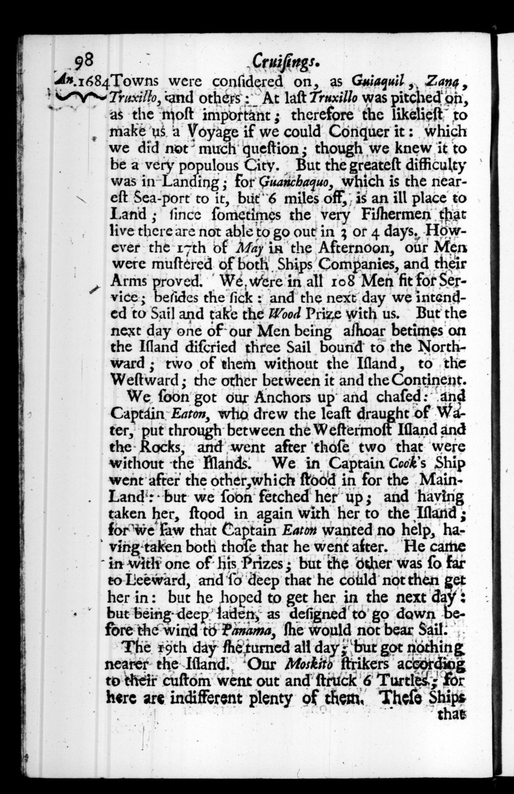 Page 98 screenshot of the book A New Voyage Round the World by William Dampier (1697 Edition).
